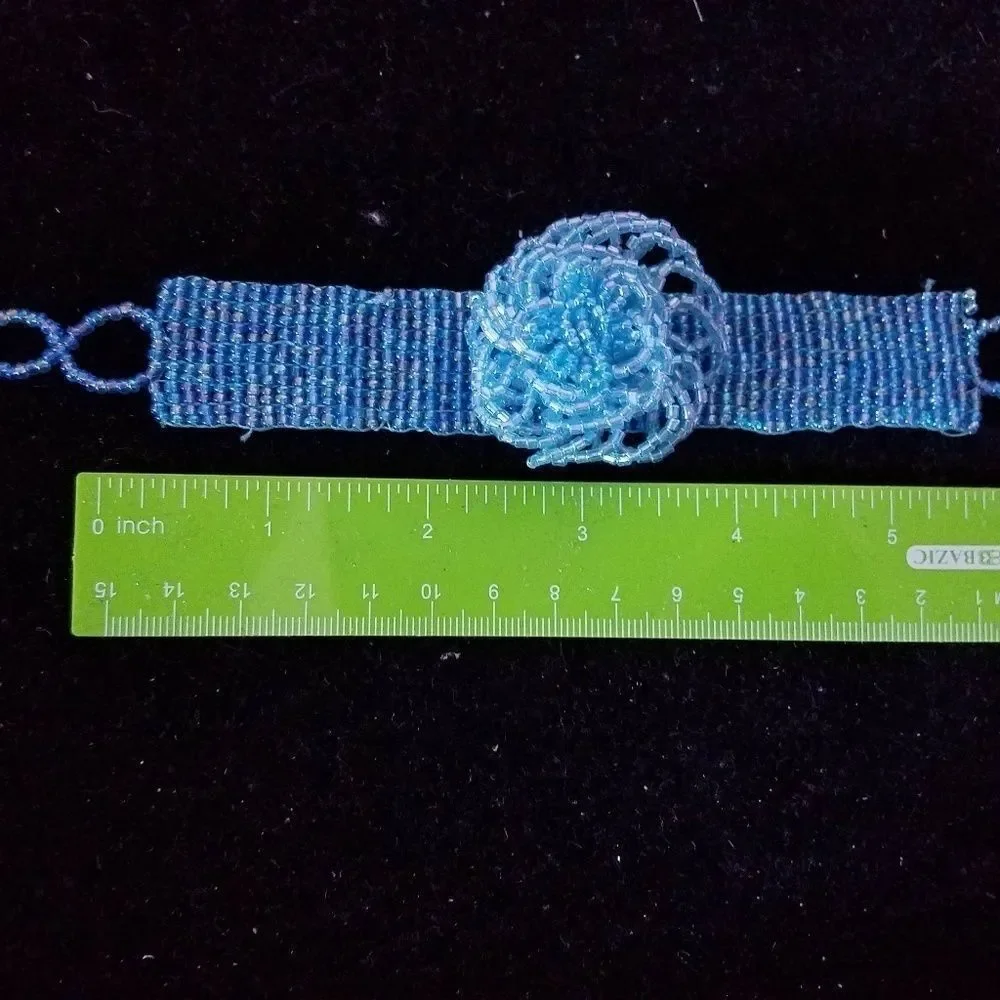 Blue Iridescent Beaded Flower Bracelet Fashion Jewelry Sparkly Statement